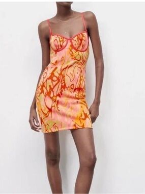 Zara Pink and Orange Abstract Print Slip Dress